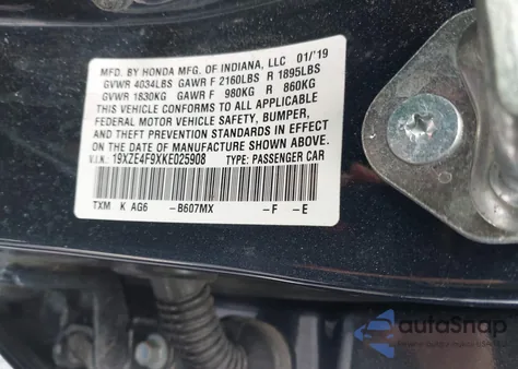 2019 Honda Insight Touring из США, поврежденный, VIN 19XZE4F9XKE025908